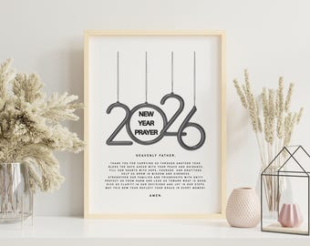 Arte murale di preghiera per il nuovo anno, poesia cristiana, incoraggiamento stampabile, saluto festivo basato sulla fede, benedizione digitale spirituale, regalo per la famiglia 2026