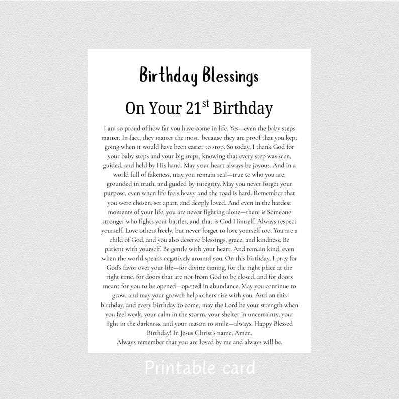 21st Birthday Blessing Card PRINTABLE Prayer Faith-based Christian ...