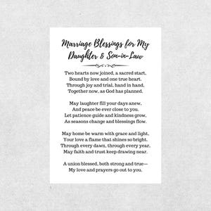 May include: A white card with the text "Marriage Blessings for My Daughter & Son-in-Law" in elegant script. The card contains a poem about love, marriage, and blessings, perfect for a wedding or anniversary.
