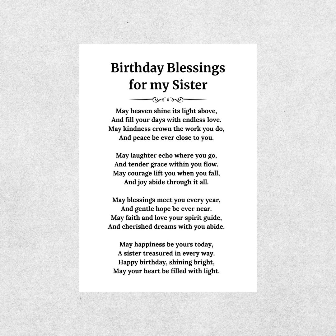 Birthday Blessings for My Sister Card Printable Gift Spiritual Prayer ...
