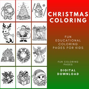 Könnte beinhalten: Ein Set mit 12 Schwarzweiß-Malvorlagen für Kinder zum Thema Weihnachten. Die Vorlagen zeigen Bilder von Weihnachtsmann, Weihnachtsbaum, Schneemann, Rentier, Kamin, Engel, Lebkuchenhaus, Kranz, Glocke, Geschenk und Elf. Der Text "WEIHNACHTSMALVORLAGEN" befindet sich oben im Bild. Der Text "LUSTIGE LERNMALVORLAGEN FÜR KINDER" befindet sich in der Mitte des Bildes. Der Text "LUSTIGE MALVORLAGEN" befindet sich unten im Bild. Der Text "DIGITALER DOWNLOAD" befindet sich unten im Bild.