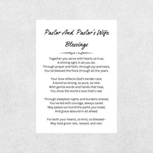 May include: A white card with the text "Pastor And Pastor's Wife Blessings" in elegant script. The card contains a poem about faith, service, and love, with each line carefully spaced.