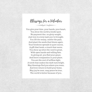 May include: A white card with the text "Blessings for a Volunteer" in elegant script. The card contains a poem about volunteer work, with lines such as "You give your time, your hands, your heart."