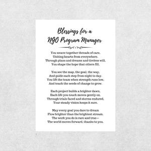 May include: A white card with the text "Blessings for a NGO Program Manager" in elegant script. The card contains a poem about leadership and appreciation, with lines like "You weave together threads of care."