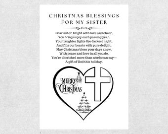 Biglietto di auguri natalizi per sorella, poesia cristiana stampabile, auguri di buon Natale, biglietto di auguri basato sulla fede, regalo religioso per sorella