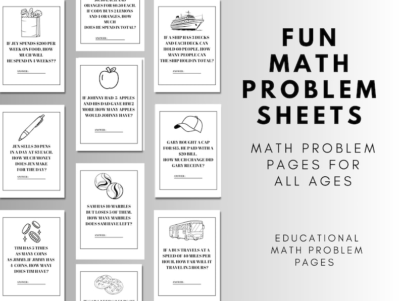 Math Word Problem Worksheets Printable Educational Learning Activity ...