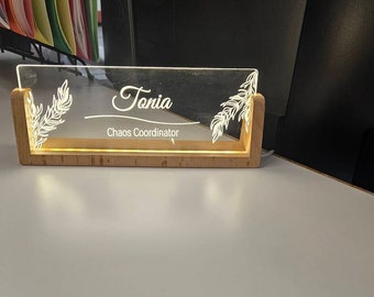 Personalized Desk Name Plate with Wooden Base, Lighted Acrylic Nameplate