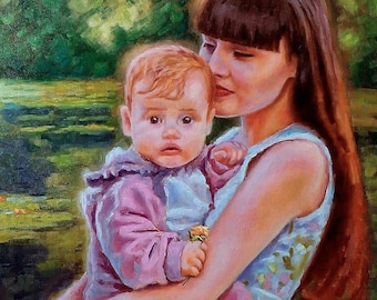 Family Portrait from Photo, Commission Original Oil Painting, Mother and Child Artwork, Personalized Gift Large Wall Art