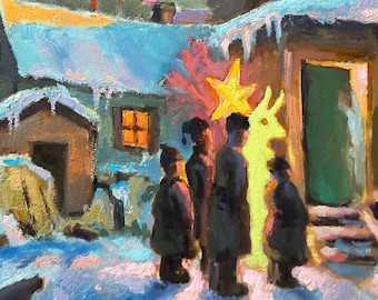 Ukrainian Christmas Eve Original Oil Painting - Winter Landscape - Malanka Symbol Ukraine