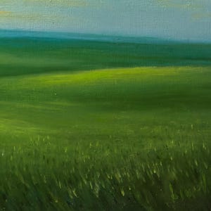 May include: An oil painting of a green field under a light blue sky. The brushstrokes create a textured effect, with varying shades of green depicting rolling hills and grassy foreground. The artwork evokes a sense of tranquility.