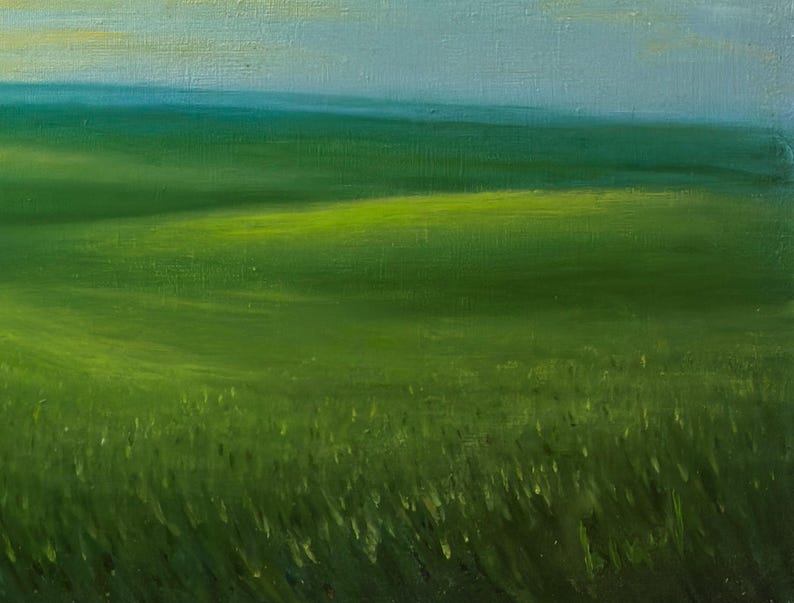 May include: An oil painting of a green field under a light blue sky. The brushstrokes create a textured effect, with varying shades of green depicting rolling hills and grassy foreground. The artwork evokes a sense of tranquility.