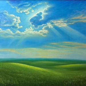 May include: An oil painting depicts a vibrant landscape under a bright blue sky filled with fluffy white clouds. Sunlight streams through the clouds, illuminating a rolling green field in the foreground. The artwork evokes a sense of peace and natural beauty.