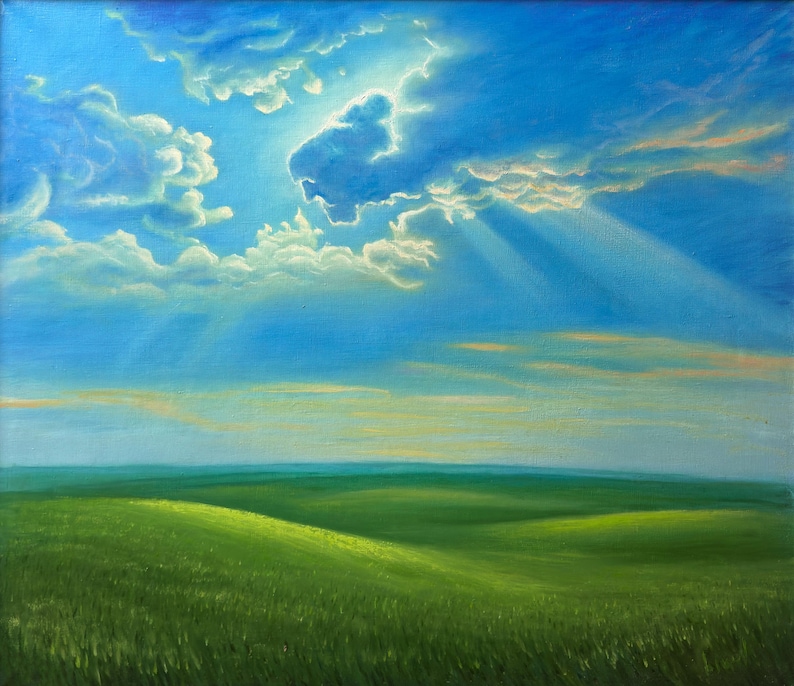 May include: An oil painting depicts a vibrant landscape under a bright blue sky filled with fluffy white clouds. Sunlight streams through the clouds, illuminating a rolling green field in the foreground. The artwork evokes a sense of peace and natural beauty.