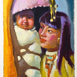 May include: An oil painting depicting a person with dark purple hair and a gold hoop earring, wearing a yellow top with a multi-colored beaded necklace. Beside them, a baby is wrapped in a white blanket under a pink canopy with yellow accents.