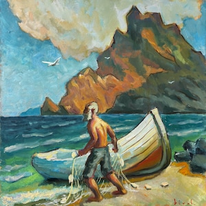 Seascape Art - Fisherman Original Oil Painting on Canvas - Room Wall Decor
