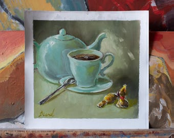 Theekopje en snoepjes - origineel olieverfschilderij - stillevenkunst - muurdecoratie keuken