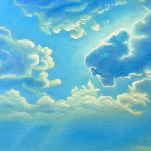 May include: An oil painting of a bright blue sky filled with fluffy white and light yellow clouds. The clouds are illuminated by sunlight, creating a soft, ethereal effect. The artwork evokes a sense of peace and tranquility.