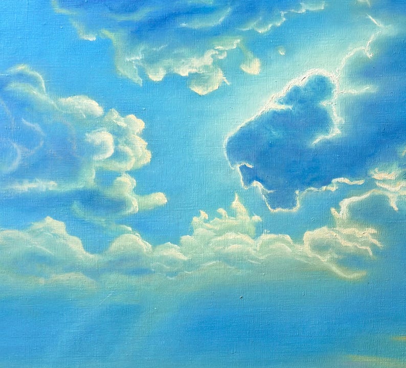 May include: An oil painting of a bright blue sky filled with fluffy white and light yellow clouds. The clouds are illuminated by sunlight, creating a soft, ethereal effect. The artwork evokes a sense of peace and tranquility.