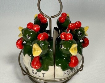 Vintage Rooster Spice Set In Round Rack Set Of 6 Chickens Salt Pepper Shakers