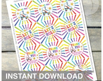 Roller Skate Thank you Cupcake Toppers - Glitter Rainbow - Roller Skating - Favor Tags - DIGITAL Printable - INSTANT DOWNLOAD