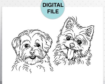 Custom Dog HEAD Line Drawing - TWO Dog heads - DIGITAL File Only, Line Art, Pet Portrait Illustration Artwork - 8”x10” jpg Sketch from Photo