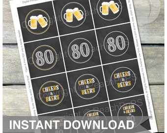 Cheers & Beers to 80 Years - Cupcake Toppers - Favor Tags - Chalkboard Style - DIGITAL Printable - INSTANT DOWNLOAD