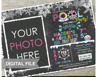 Joint Pink Winter Pool Birthday Party Chalkboard Invitation Snow Indoor Pool Girls Boys - Photo - DIGITAL Printable Invite - 5” x 7” JPG