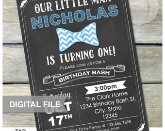 Little Man Birthday Invitation Chalkboard Invite Baby Boy Bowtie Birthday Bash - Any Age - 5” x 7” Digital Invite JPG