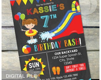 Waterslide Birthday Party Bash Invitation Chalkboard Girl Red Water Slide - Digital Invite - 5” x 7” Digital Printable JPG