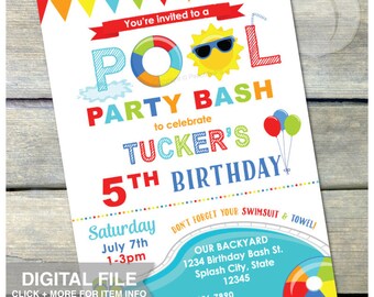 Pool Birthday Party Invitation Birthday Bash Blue - Boy or Girl - Summer Swim Splash - Digital Invite - 5” x 7” Printable JPG