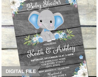 Rustic Baby Shower Invitation Elephant, BLUE, Boy Floral Flowers Safari Couples Co-ed Baby Shower, DIGITAL Printable Invite - 5” x 7” JPG