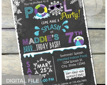 Purple Winter Pool Birthday Party Chalkboard Invitation Snow Indoor Pool Party - DIGITAL Printable Invite - 5” x 7” JPG