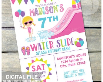Splash Waterslide Birthday Invitation Party Water Slide Bash - Blonde Girl Sunglasses Pink - DIGITAL Printable Invite - 5” x 7” JPG