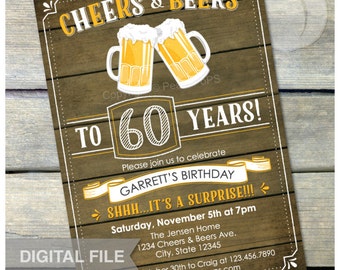Surprise 60th Birthday Invitation Cheers & Beers Invite Rustic Wood Country Style - Men Women - 5” x 7” Digital Invite JPG