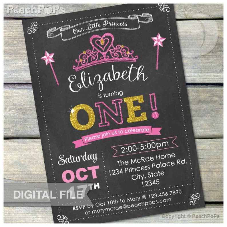 Princess Birthday Invitation Chalkboard 1st Birthday Digital Etsy