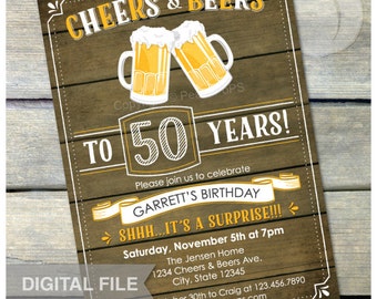 Surprise 50th Birthday Invitation Cheers & Beers Invite Rustic Wood Country Style - Men Women - 5” x 7” Digital Invite JPG