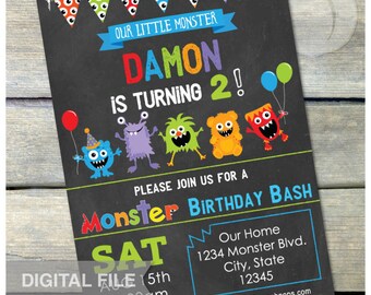 Little Monster Birthday Party Bash Chalkboard Invitation - Digital Invite - 5” x 7” - Digital Printable JPG