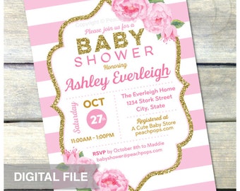 Pink and Gold Baby Shower - PINK Stripes - Girl - DIGITAL Printable Invite 5" x 7" JPG - We edit for you & you print!