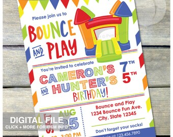 Joint Bounce House Birthday Invitation BLUE Bounce and Play Inflatable Jump Party - Twins Boys Girls - DIGITAL Printable 5” x 7” JPG Invite