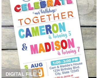 Joint Birthday Party Invitation - Combined Birthday Invite - Brother Sister Boys or Girls Twins Any Age - DIGITAL Printable Invite - 5” x 7”