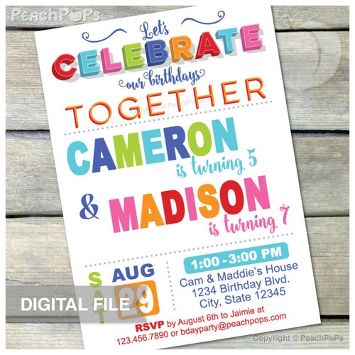Joint Birthday Party Invitation - Combined Birthday Invite - Brother Sister Boys or Girls Twins Any Age - DIGITAL Printable Invite - 5” x 7”