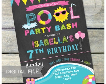 Pool Birthday Party Invitation Birthday Bash Chalkboard Pink Summer Swim Splash - Digital Invite - 5” x 7” Printable JPG