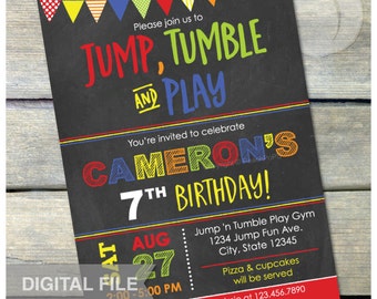Gymnastics Birthday Chalkboard Invitation Jump Tumble Play Party Boys Girls Red - DIGITAL Printable Invite - 5” x 7” JPG