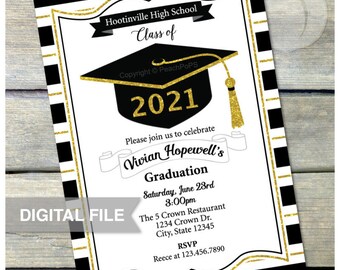 Graduation Invitation - GOLD - Glitter Grad Invite - High School - College - Graduate - Digital Invite - 5” x 7” Printable JPG