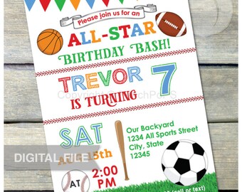 All Star Birthday Bash Sports Invitation Baseball Soccer Football Basketball Party - Digital Invite 5” x 7” Printable JPG