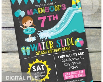 Waterslide Birthday Party Water Slide Bash Chalkboard Invitation Girl - Turquoise Aqua Blue - DIGITAL Printable Invite - 5” x 7” JPG