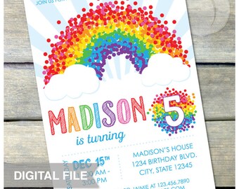 Rainbow Confetti 5th Birthday Invitation - ANY Age - Confetti Rainbow Party Invite - DIGITAL Printable Invite - 5” x 7”