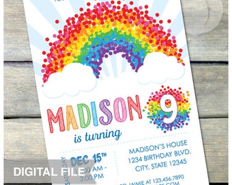 Rainbow 9th Birthday Invitation Party - ANY Age - Rainbow Confetti Party Invite - DIGITAL Printable Invite - 5” x 7” JPG