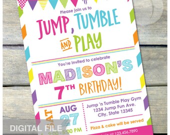 Gymnastics Birthday Invitation Jump Tumble Play Girls Pink Party - DIGITAL Printable Invite - 5” x 7”
