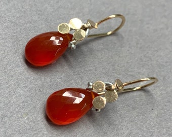 Tiny Golden Confetti with Faceted Carnelian Earrings in 14k Yellow Goldfilled and Sterling Silver